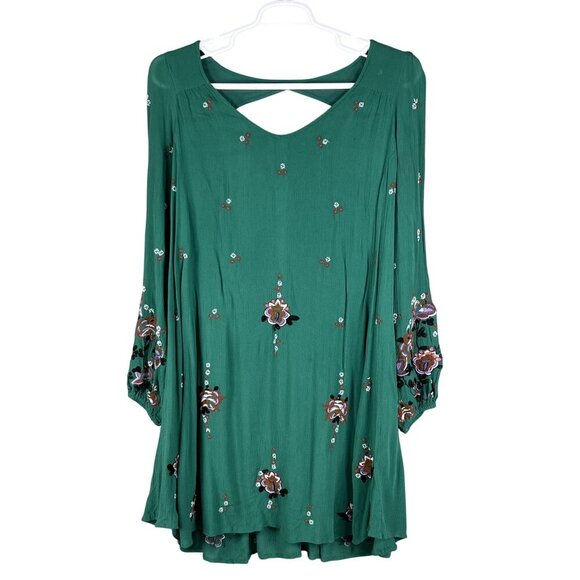 Free People Womens L Green Gauzy Dress Embroidered Boho Hippie Cottagecore Flowy - Picture 3 of 16